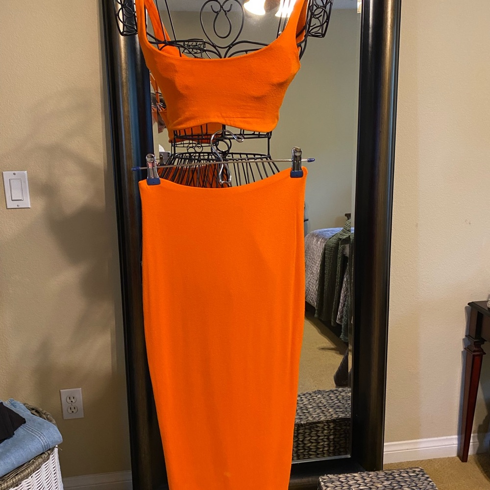 Naked Wardrobe Orange Midi Pencil Skirt Set for Cocktail